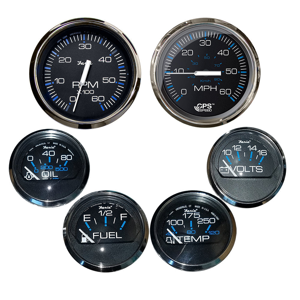 Faria Chesapeake with Steel Bezel Boxed Set of 6 - Speed, Tach, Fuel Level, Voltmeter, Water Temperature & Oil PSI - Inboard Motors
