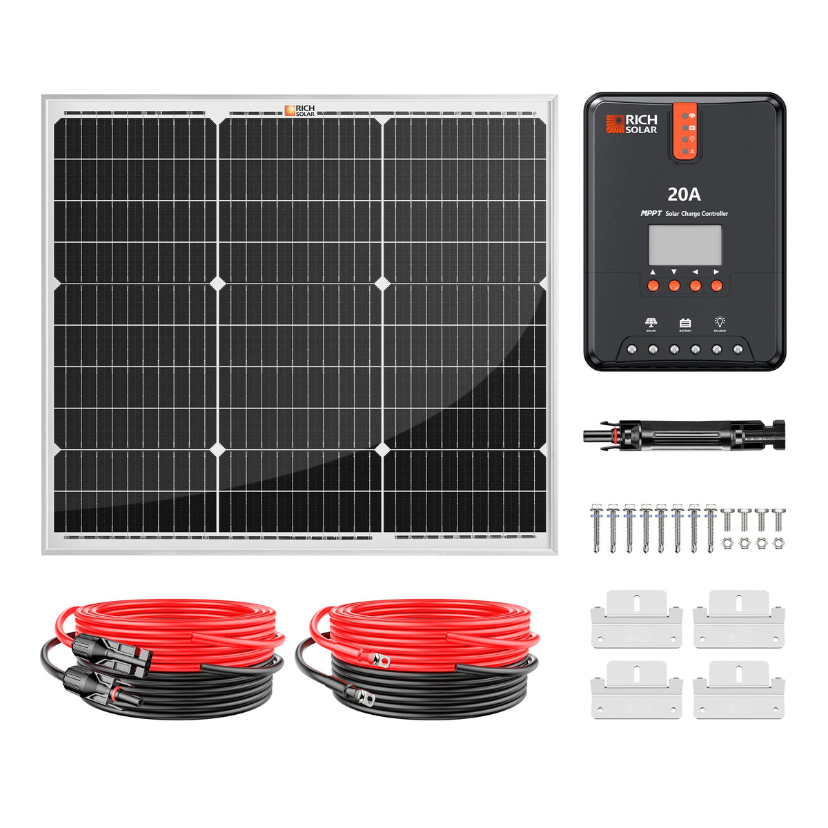 RICH SOLAR 50 Watt Solar Kit | Includes 50W Solar Panel + 20A MPPT Solar Controller + Wires and Brackets | DIY Complete Solar Kit without Batteries