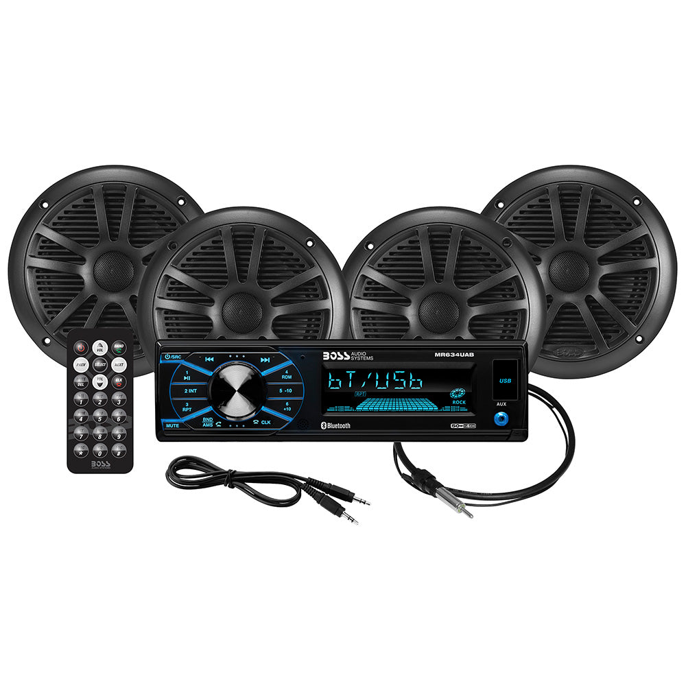 Boss Audio MCBK634B.64 Kit w/MR634UAB, 4 MR6B Speakers, & MRANT10 Antenna — marine stereos