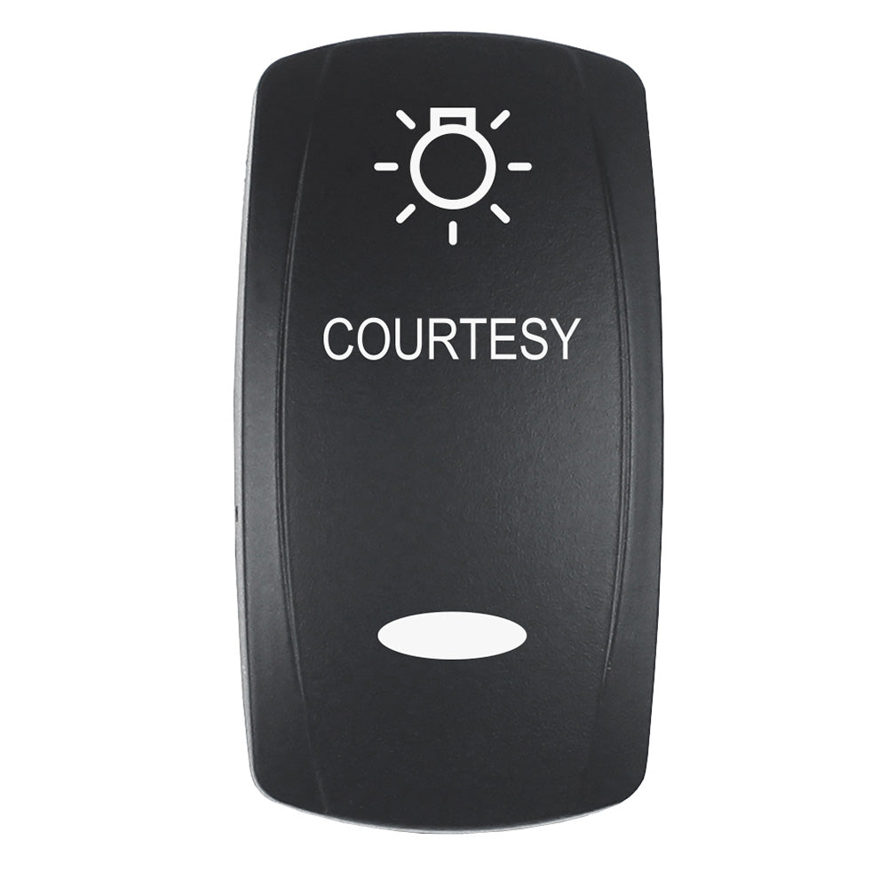 Pacer Actuator - 'COURTESY' f/V Series Contura Switches - Black - Laser Etched (Top/Bottom Light) — marine switches & accessories