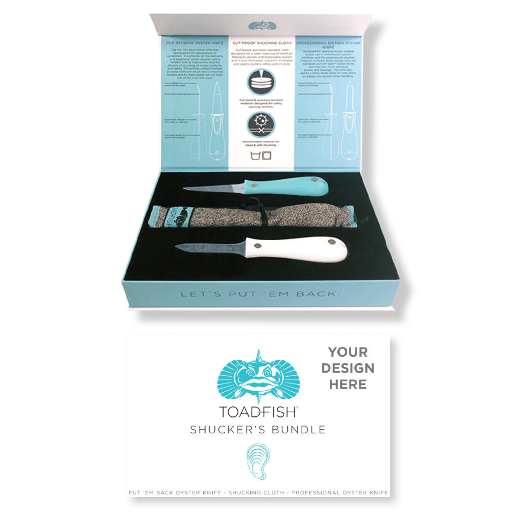 Toadfish Custom Engraved Shucker's Bundle - Teal Put 'Em Back Oyster Knife, Professional Oyster Knife & Cut-Proof Shucking Cloth - Knifes Are NOT Engraved (MINIMUM ORDER QUANTITY OF 25) — marine hunting & fishing