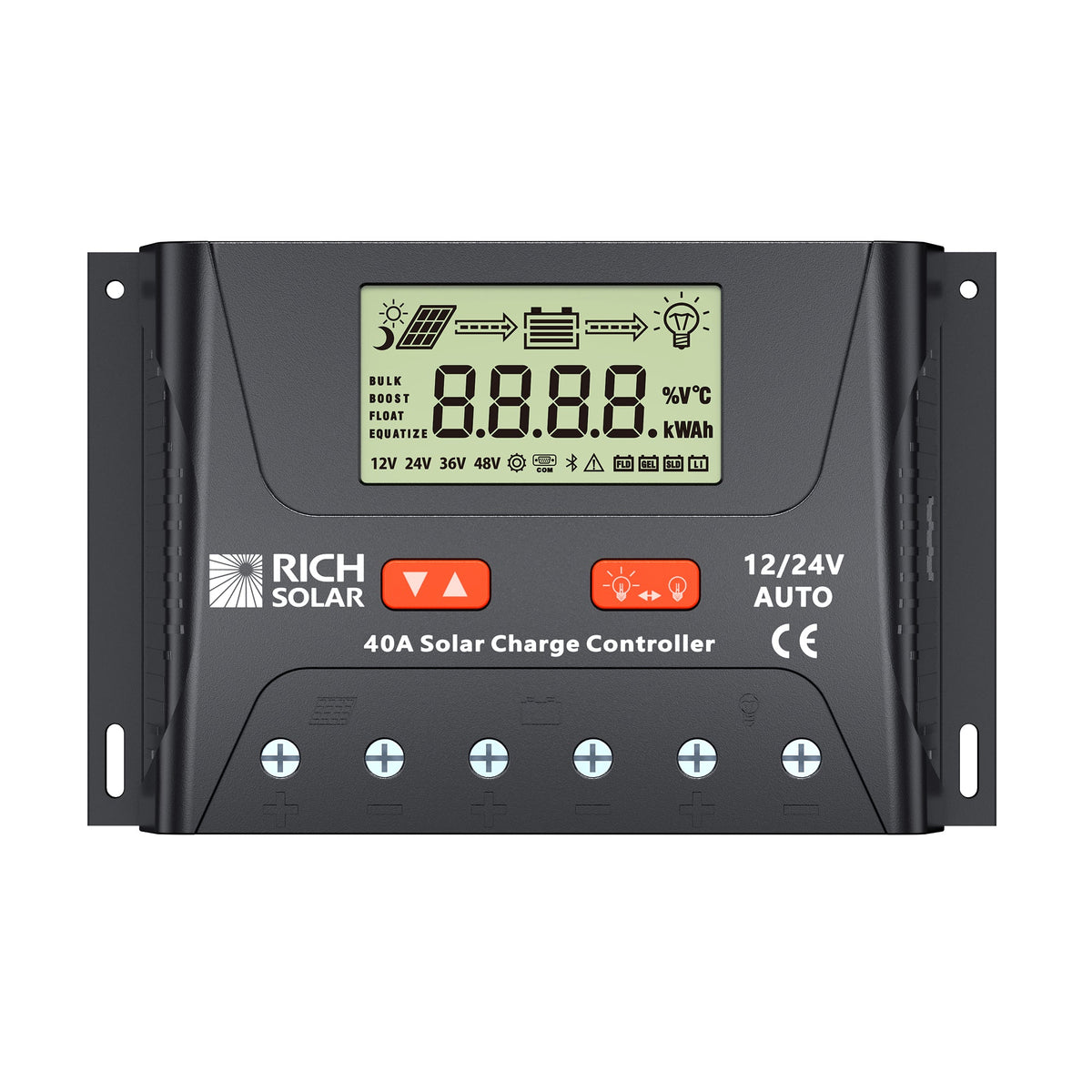 RICH SOLAR BRAVO LEGEND 40 | 40 Amp PWM Solar Charge Controller | 12V/24V Auto, 3-Stage Charging for RVs, Boats, Off-Grid Systems