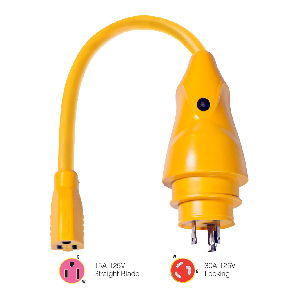 Marinco P30-15 EEL 15A-125V Female to 30A-125V Male Pigtail Adapter - Yellow — marine shore power