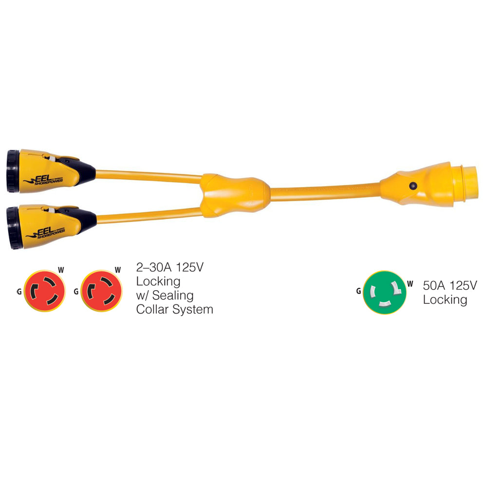 Marinco Y503-2-30 EEL (2)-30A-125V Female to (1)50A-125V Male - "Y" Adapter - Yellow — marine shore power