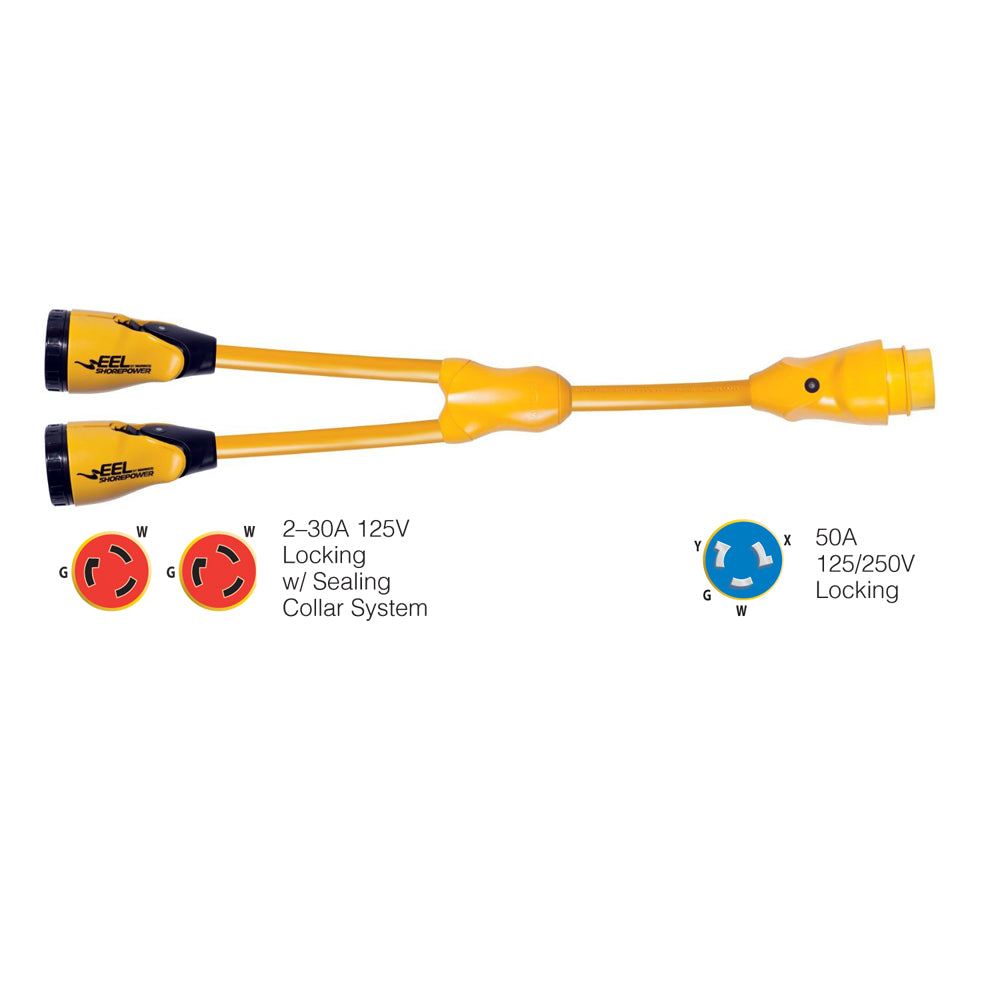 Marinco Y504-2-30 EEL (2)-30A-125V Female to (1)50A-125/250V Male "Y" Adapter - Yellow — marine shore power