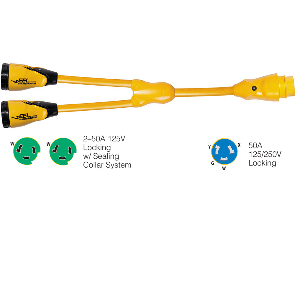 Marinco Y504-2-503 EEL (2)50A-125V Female to (1)50A-125/250V Male "Y" Adapter - Yellow — marine shore power