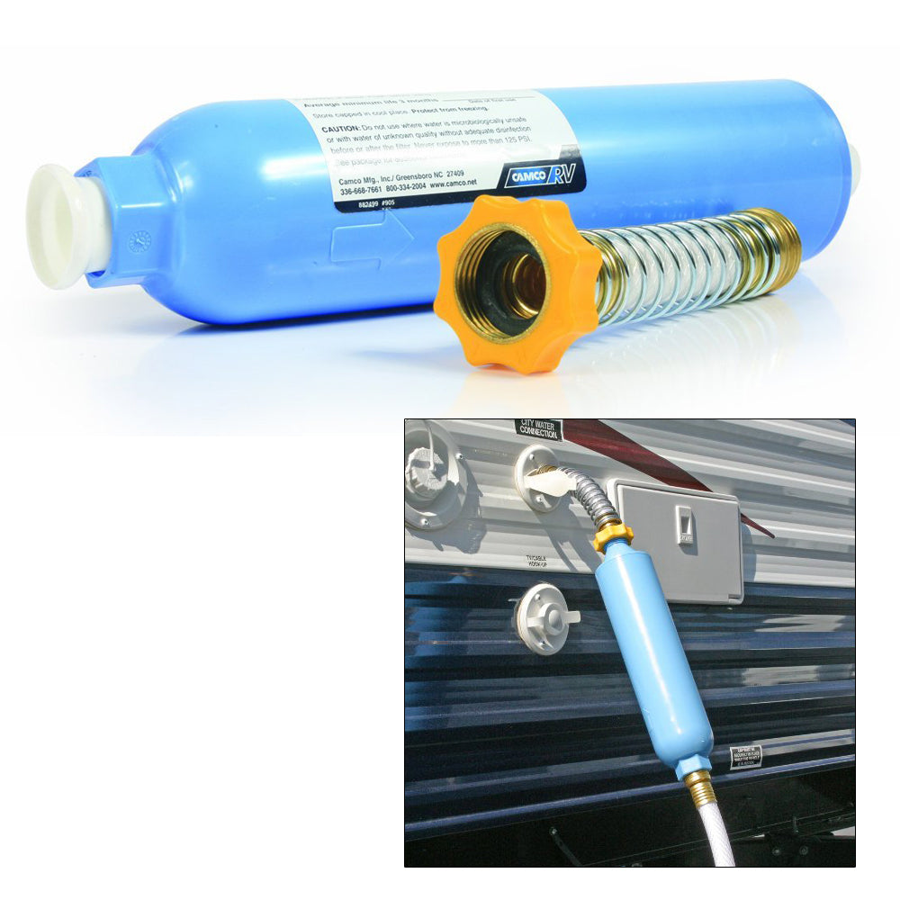 Camco TastePURE KDF/Carbon Water Filter w/Flexible Hose Protector — marine camping