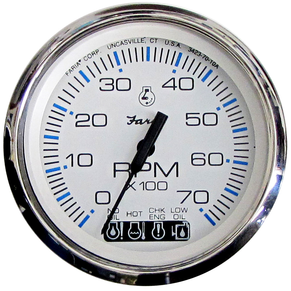 Faria Beede Instruments Faria Chesapeake White SS 4" Tachometer w/Systemcheck Indicator - 7000 RPM (Gas) (Johnson/Evinrude Outboard) — marine gauges