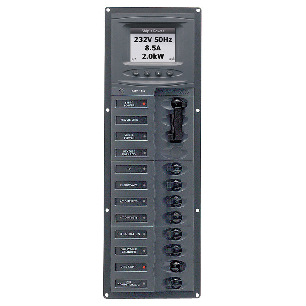 BEP Marine BEP AC Circuit Breaker Panel w/Digital Meters, 8SP 2DP AC230V ACSM Stainless Steel Vertical — marine electrical panels