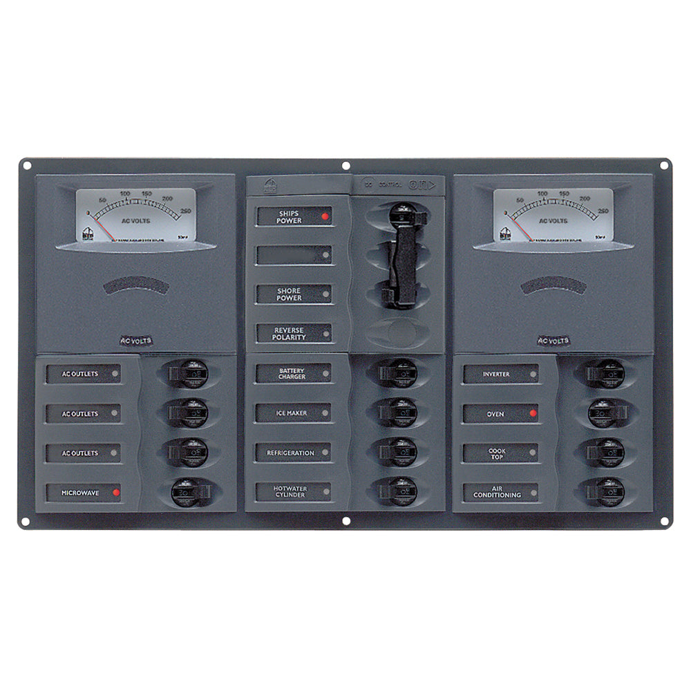 BEP Marine BEP AC Circuit Breaker Panel w/Analog Meters, 12SP 2DP AC230V Stainless Steel Horizonal — marine electrical panels