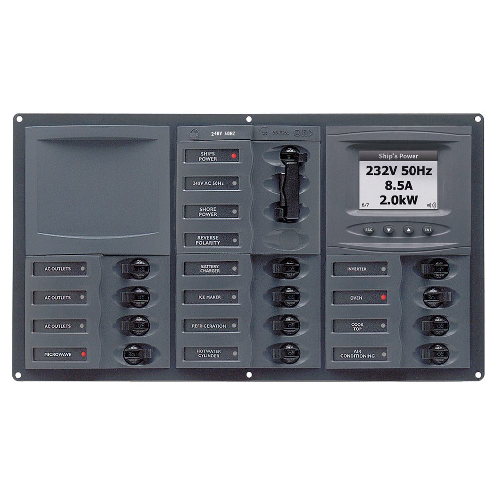 BEP Marine BEP AC Circuit Breaker Panel w/Digital Meters, 12SP 2DP AC230V ACSM Stainless Steel Horizontal — marine electrical panels