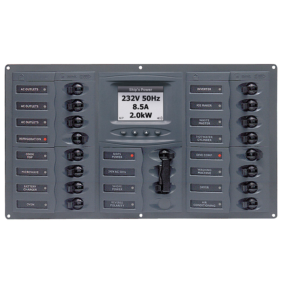 BEP Marine BEP AC Circuit Breaker Panel w/Digital Meters, 16SP 2DP AC230V ACSM Stainless Steel Horizontal — marine electrical panels