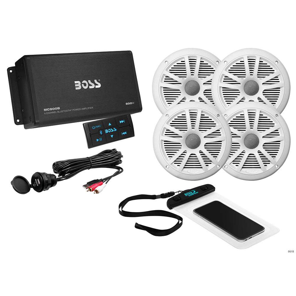 Boss Audio ASK904B.64 4 Channel Amplifier & 2 Pairs of 6.5" Speaker Kit - White — marine stereos