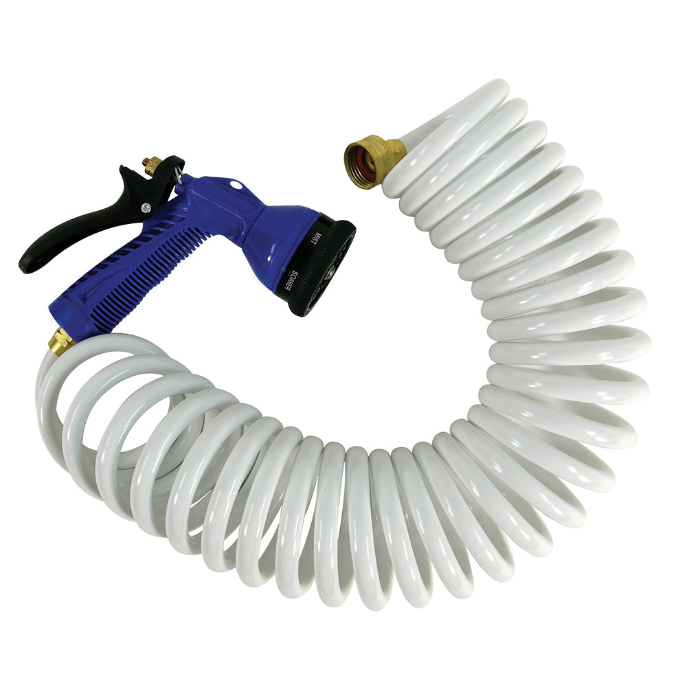 Whitecap 15' White Coiled Hose w/Adjustable Nozzle — marine washdown / pressure pumps