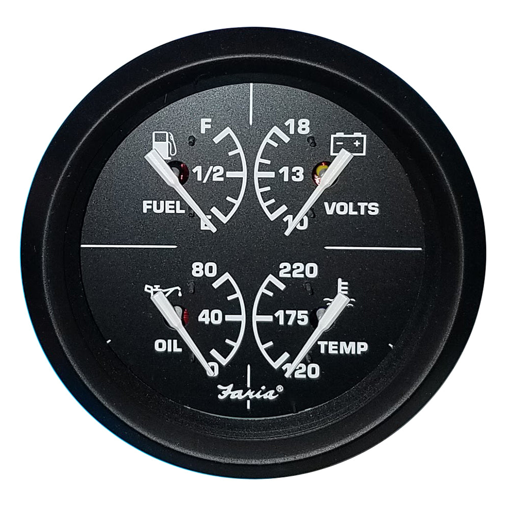 Faria Beede Instruments Faria Euro Black 4" Multifunction Gauge - Volt/Fuel/Oil/Water Temperature — marine gauges
