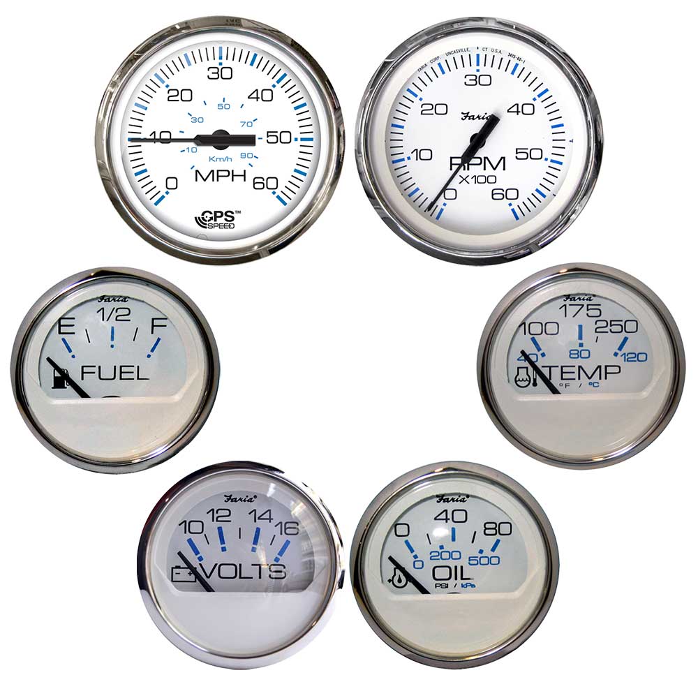 Faria Beede Instruments Faria Chesapeake White w/Stainless Steel Bezel Boxed Set of 6 - Speed, Tach, Fuel Level, Voltmeter, Water Temperature & Oil PSI - Inboard Motors — marine gauges