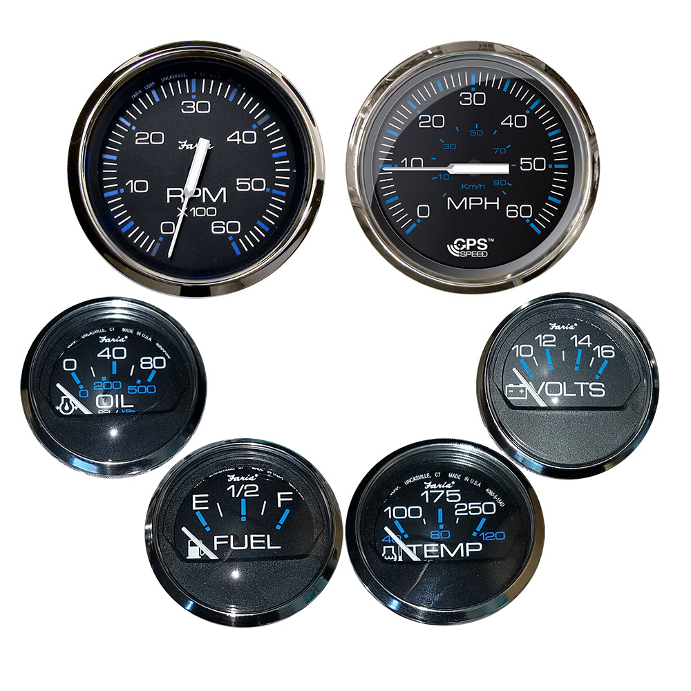 Faria Beede Instruments Faria Chesapeake Black w/Stainless Steel Bezel Boxed Set of 6 - Speed, Tach, Fuel Level, Voltmeter, Water Temperature & Oil PSI - Inboard Motors — marine gauges