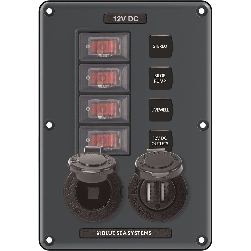 Blue Sea Systems Blue Sea 4321 Circuit Breaker Switch Panel 4 Position - Gray w/12V Socket & Dual USB — marine electrical panels