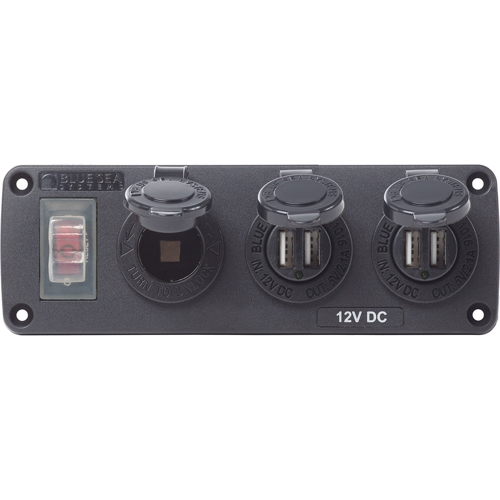 Blue Sea Systems Blue Sea 4365 Water Resistant USB Accessory Panel - 15A Circuit Breaker, 12V Socket, 2x 2.1A Dual USB Chargers — marine accessories