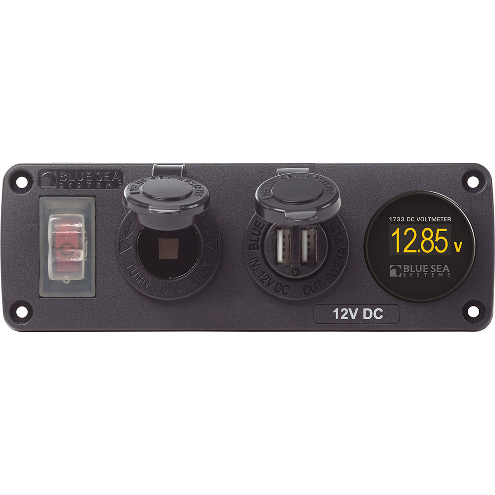 Blue Sea Systems Blue Sea 4366 Water Resistant USB Accessory Panel - Circuit Breaker, 12V Socket, Dual USB Charger, Mini Voltmeter — marine accessories