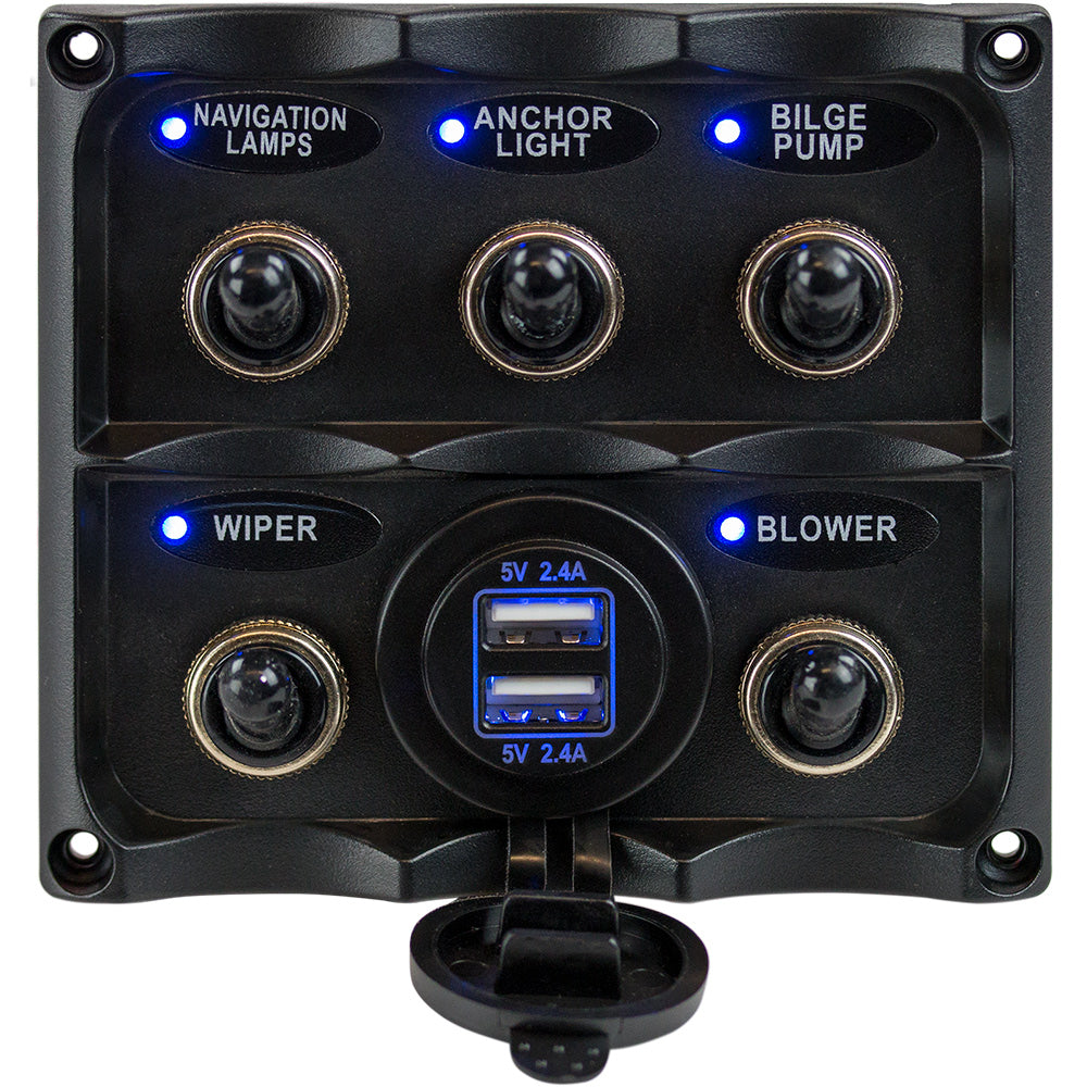 Sea-Dog Water Resistant Toggle Switch Panel w/USB Power Socket - 5 Toggle — marine electrical panels