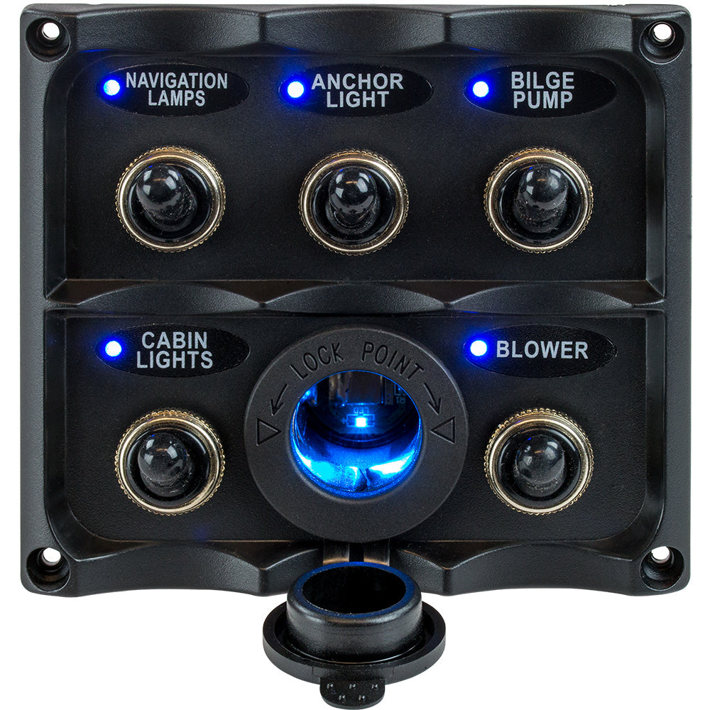 Sea-Dog Water Resistant Toggle Switch Panel w/LED Power Socket - 5 Toggle — marine electrical panels