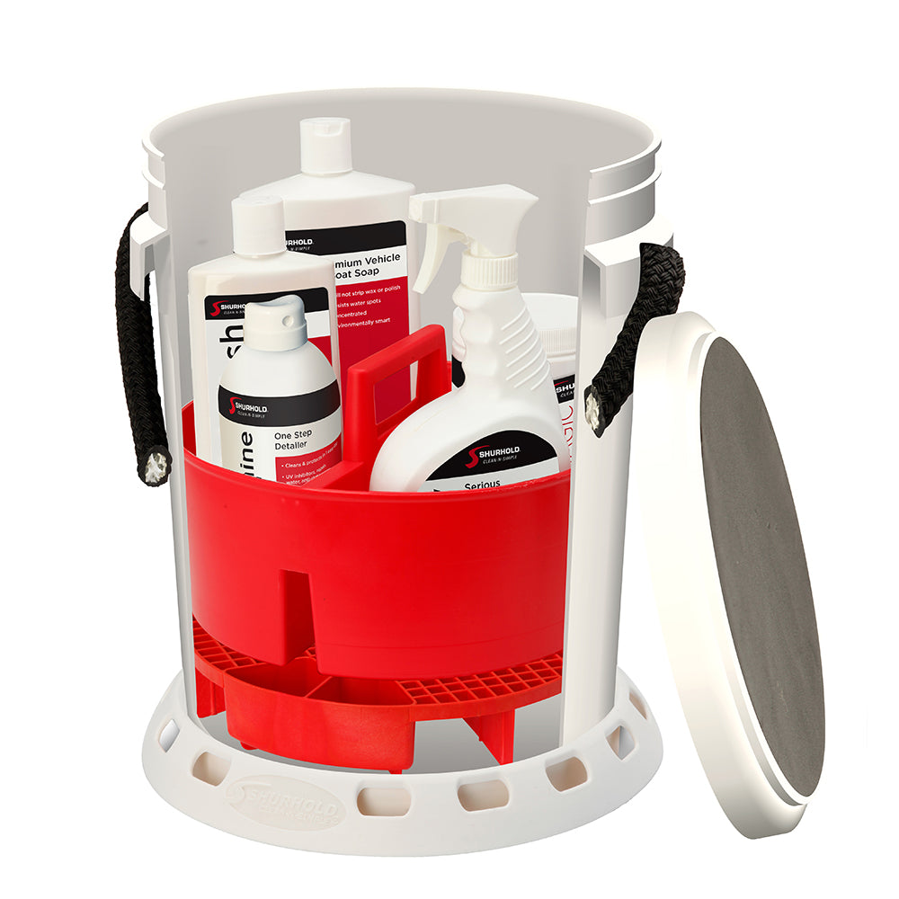Shurhold 5 Gallon White Bucket Kit - Includes Bucket, Caddy, Grate Seat, Buff Magic, Pro Polish Brite Wash, SMC & Serious Shine — marine cleaning