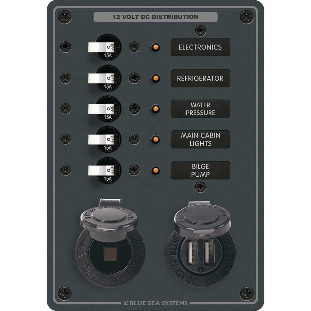 Blue Sea Systems Blue Sea 8120 - 5 Position 12V Panel w/Dual USB & 12V Socket — marine electrical panels