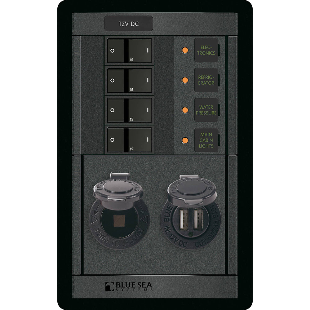 Blue Sea Systems Blue Sea 1495 - 360 Panel - 4 Position 12V w/Dual USB & 12V Socket — marine electrical panels