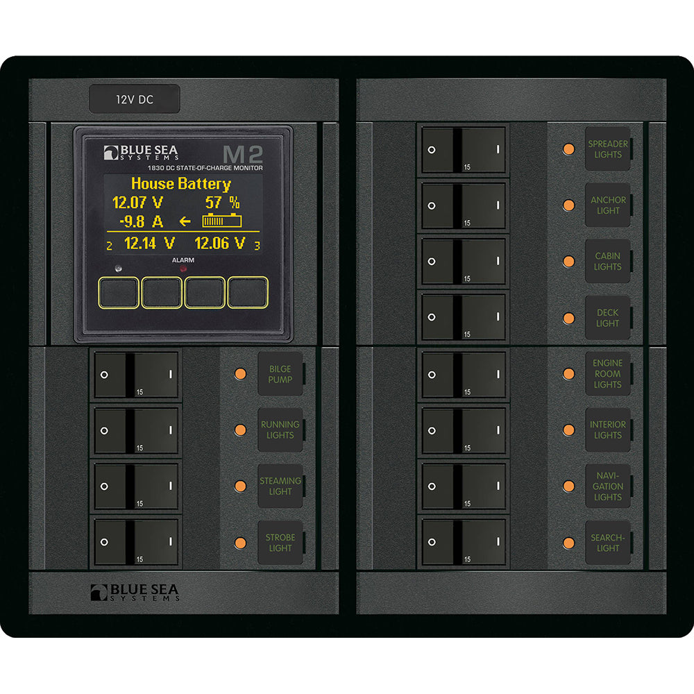 Blue Sea Systems Blue Sea 1496 - 360 Panel - 12 Position 12V Flat Rocker M2 Multimeter w/SOC — marine electrical panels