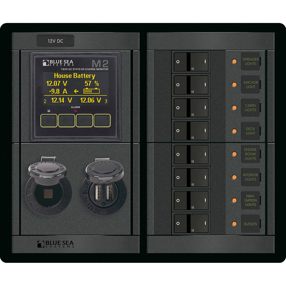 Blue Sea Systems Blue Sea 1497 - 360 Panel - 8 Position 12V Flat Rocker M2 Multimeter w/SOC & Dual USB/12V Socket — marine electrical panels