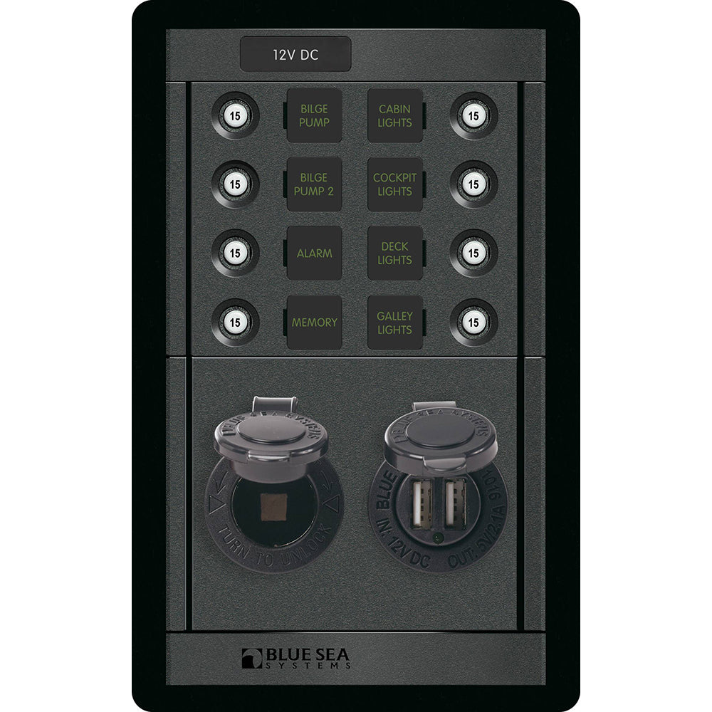 Blue Sea Systems Blue Sea 1498 - 360 Panel - 8 Position 12V Panel w/Dual USB & 12V Socket — marine circuit breakers