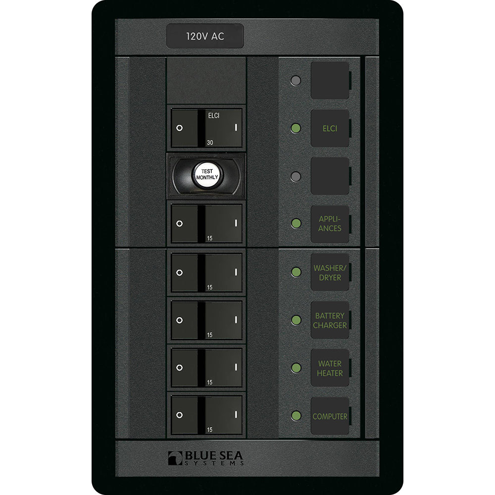 Blue Sea Systems Blue Sea 1503 - 360 Panel - ELCI + 5 Position 120V AC Flat Rocker — marine electrical panels