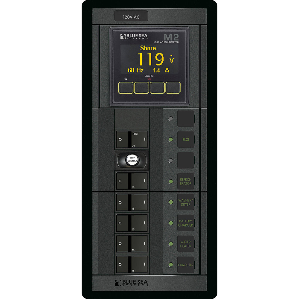 Blue Sea Systems Blue Sea 1504 - 360 Panel - ELCI + 5 Position 120V AC Flat Rocker w/M2 AC Multimeter — marine electrical panels
