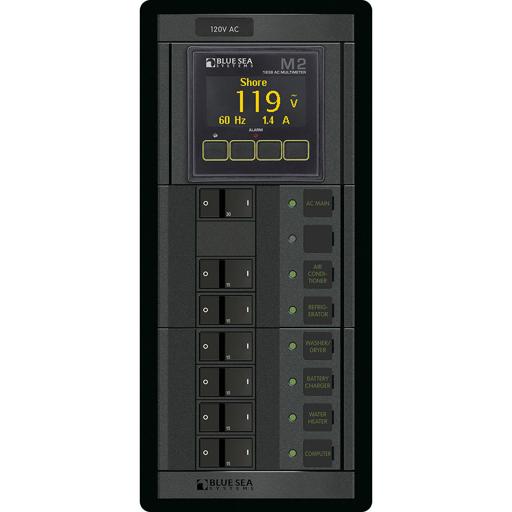 Blue Sea Systems Blue Sea 1505 - 360 Panel - Main + 6 Position 120V AC Flat Rocker w/M2 AC Multimeter — marine electrical panels