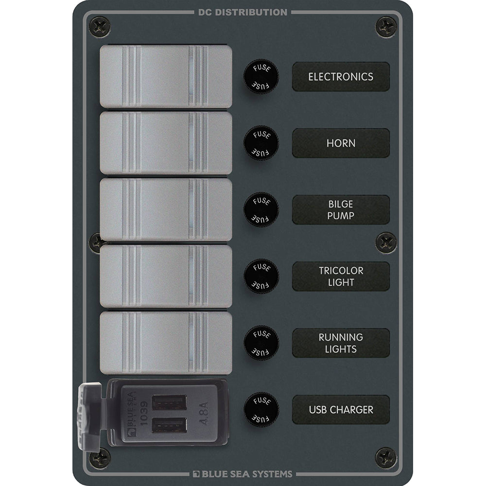 Blue Sea Systems Blue Sea 8121 - 5 Position Contura Switch Panel w/Dual USB Chargers - 12/24V DC - Black — marine electrical panels
