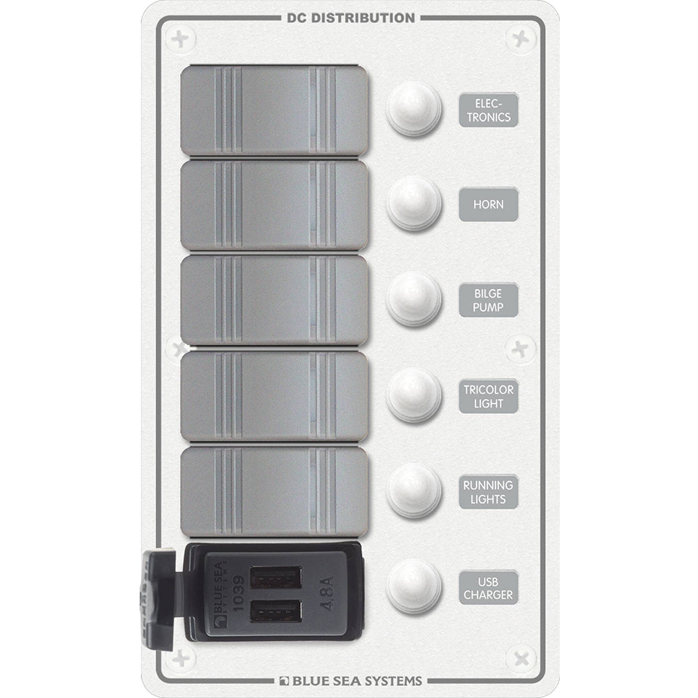 Blue Sea Systems Blue Sea 8421 - 5 Position Contura Switch Panel w/Dual USB Chargers - 12/24V DC - White — marine electrical panels