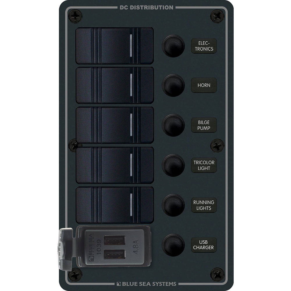 Blue Sea Systems Blue Sea 8521 - 5 Position Contura Switch Panel w/Dual USB Chargers - 12/24V DC - Black — marine electrical panels