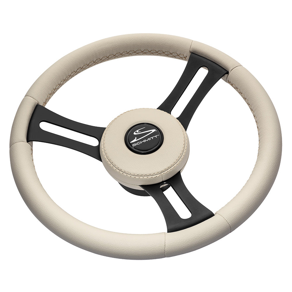 Schmitt Marine Torcello Elite 14" Wheel - Beige Leather & Cap - White Stitching - Black SS Spokes - 3/4" Tapered Shaft — marine steering wheels