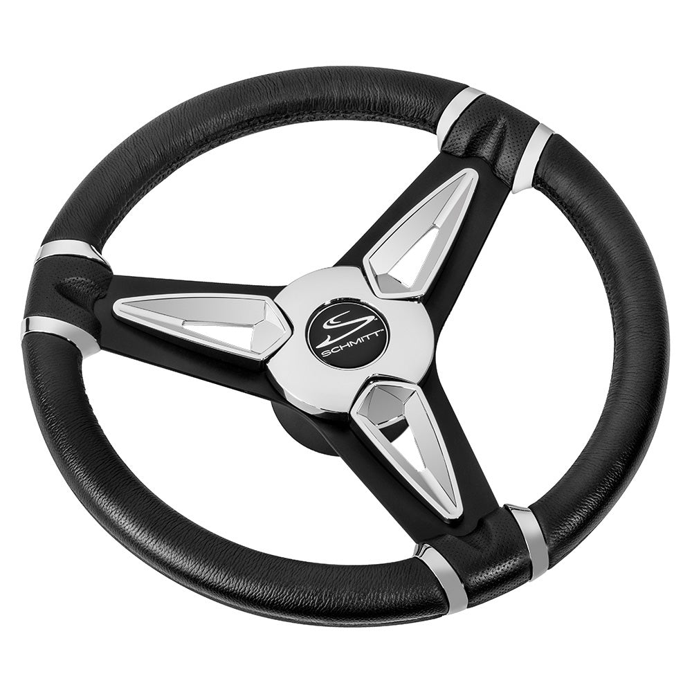Schmitt Marine PU50 14" Wheel - Chrome Cap & Spoke Inserts - Black Spokes - 3/4" Tapered Shaft — marine steering wheels