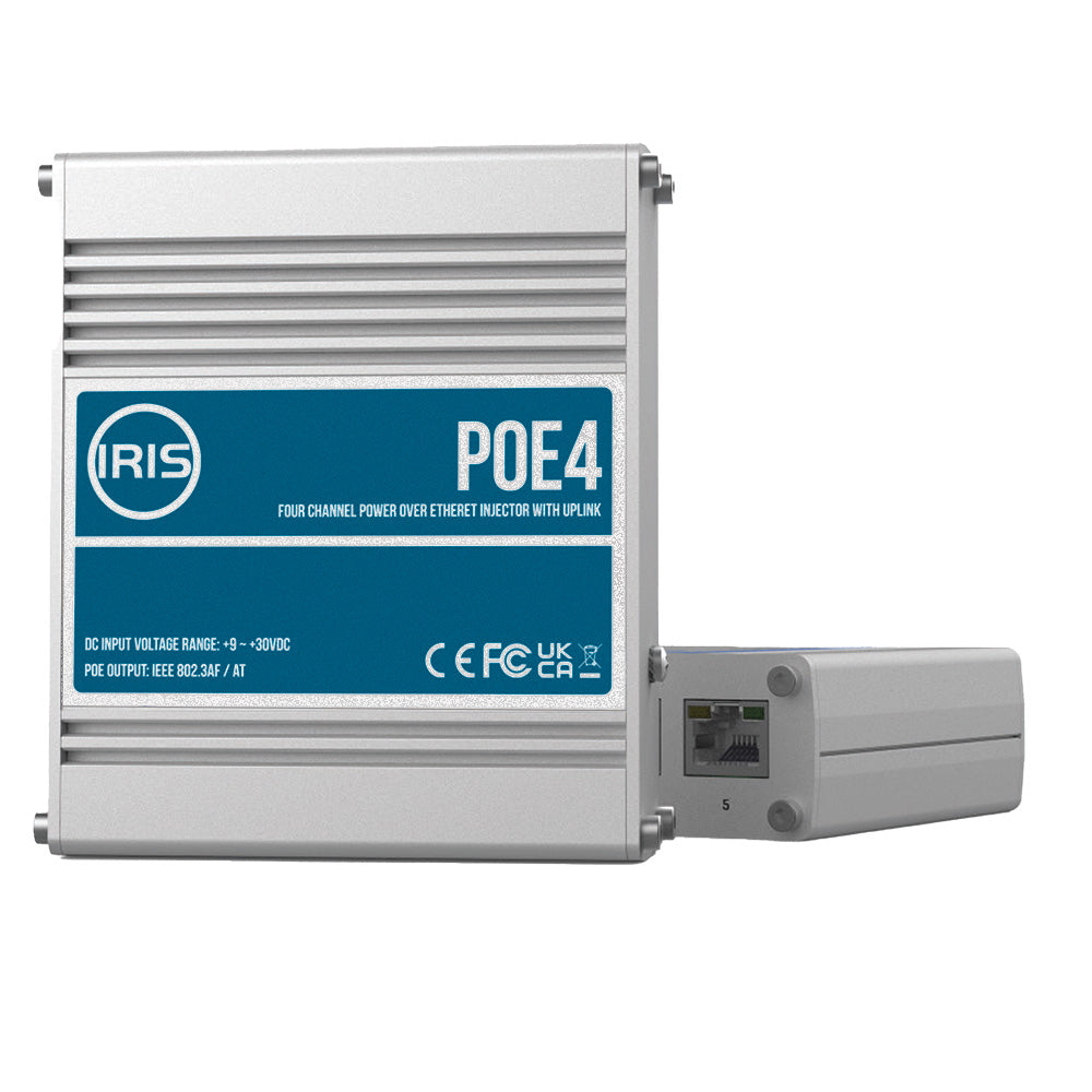 Iris Innovations Iris Four Channel Uplink Power Over Ethernet Switch - IEEE802.3af & 3at Compliant - 9-30VDC Input - 48VDC Output — marine cameras - network video