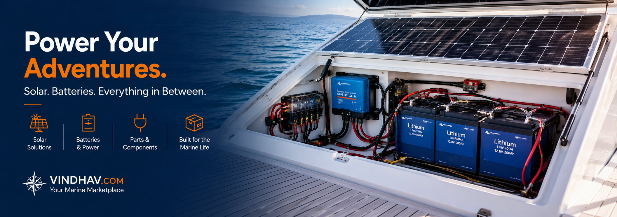 Vindhav marine marketplace — solar and lithium battery systems aboard a boat